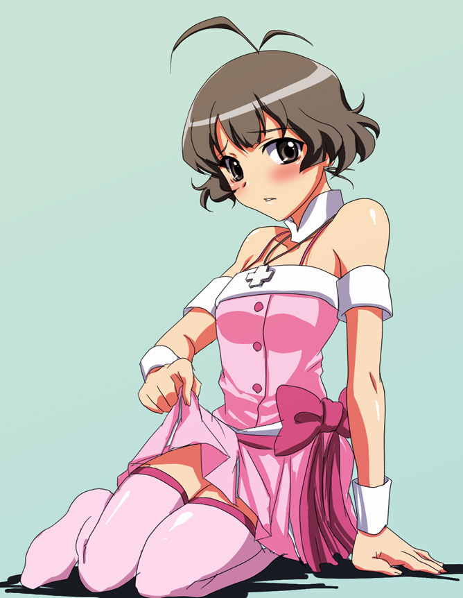 mekabu, akizuki ryo, idolmaster, idolmaster dearly stars, bad id, bad pixiv id, 00s, 1boy, bare shoulders, brown eyes, brown hair, clothes lift, crossdressing, crossdressing (mtf), cute & girly (idolmaster), dress, dress lift, male focus, shota, solo, thighhighs, trap