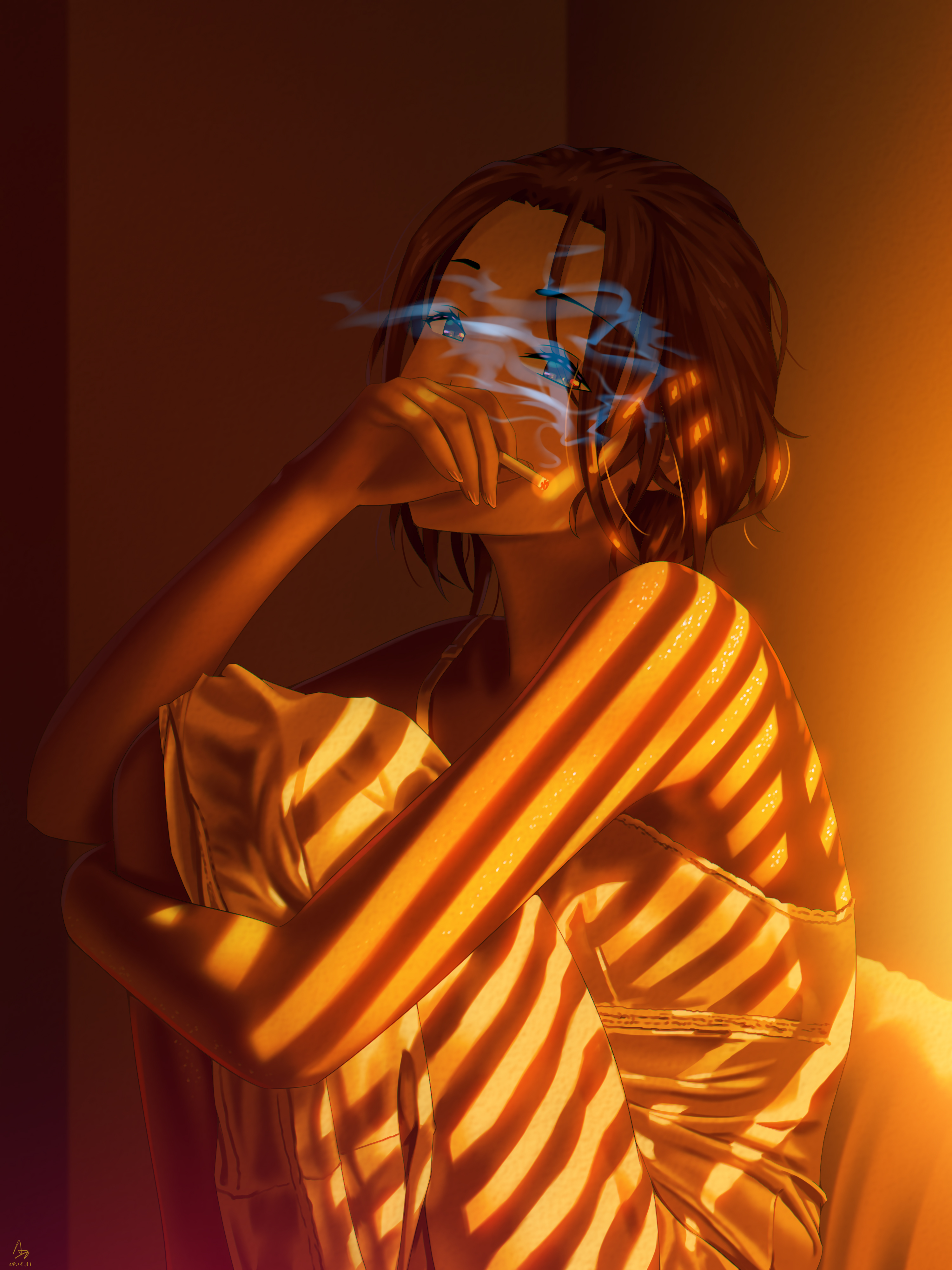 a.x., original, absurdres, highres, 1girl, artist name, cigarette, dated, holding, holding cigarette, hugging own legs, looking at viewer, orange theme, short hair, smoke, smoking, solo, window shadow
