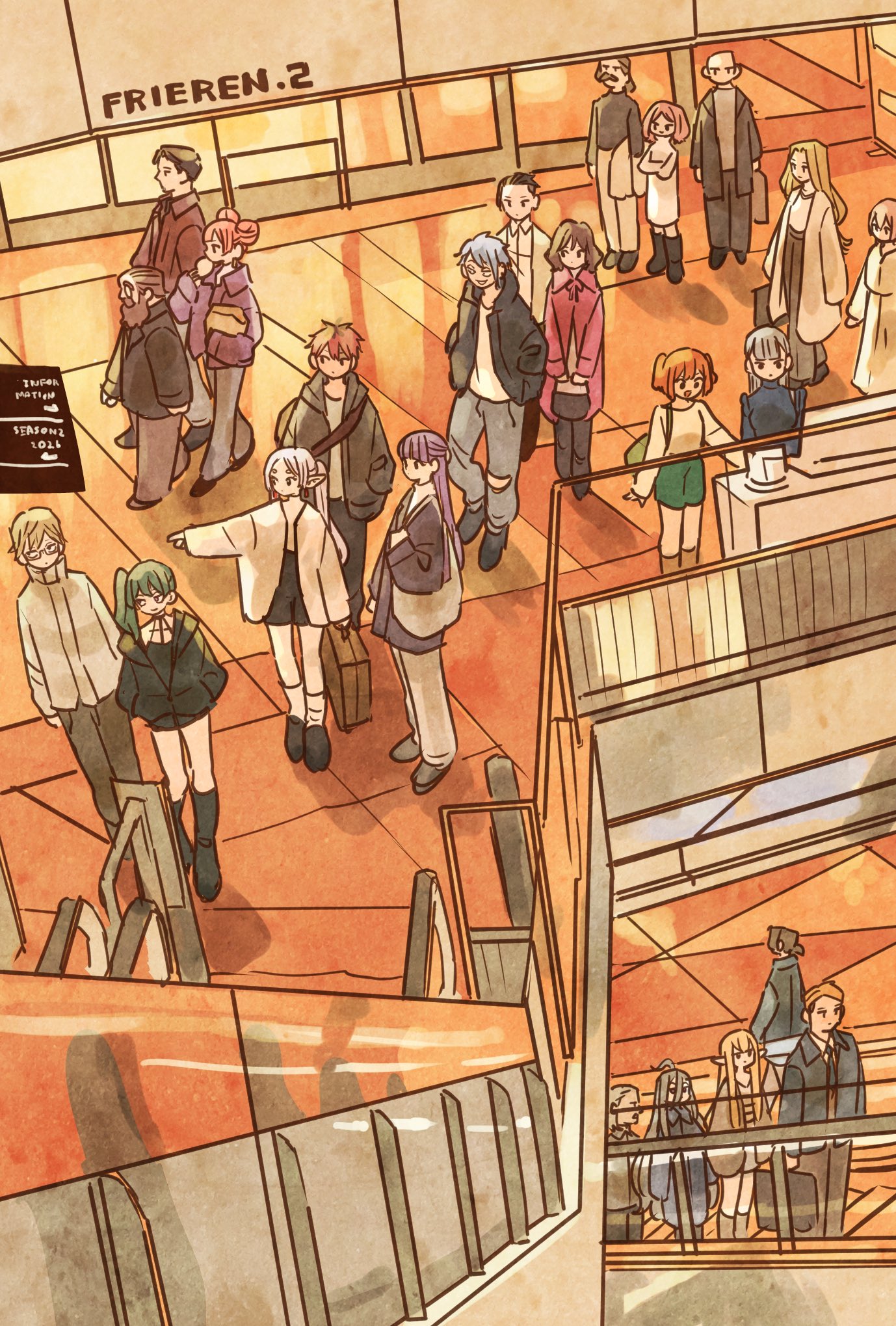 takeuchi ryousuke, denken (sousou no frieren), edel (sousou no frieren), ehre (sousou no frieren), fern (sousou no frieren), kanne (sousou no frieren), land (sousou no frieren), laufen (sousou no frieren), lawine (sousou no frieren), linie (sousou no frieren), methode (sousou no frieren), richter (sousou no frieren), sein (sousou no frieren), sense (sousou no frieren), serie (sousou no frieren), stark (sousou no frieren), ubel (sousou no frieren), wirbel (sousou no frieren), sousou no frieren, character request, highres, 6+boys, 6+girls, ahoge, bag, beard, contemporary, copyright name, double bun, dunste (sousou no frieren), elf, escalator, facial hair, green hair, grey hair, hair bun, half updo, lernen (sousou no frieren), long hair, mature male, monocle, multiple boys, multiple girls, mustache, orange hair, parted bangs, pointing, pointy ears, purple hair, red hair, short hair, short twintails, shoulder bag, side ponytail, twintails, walking