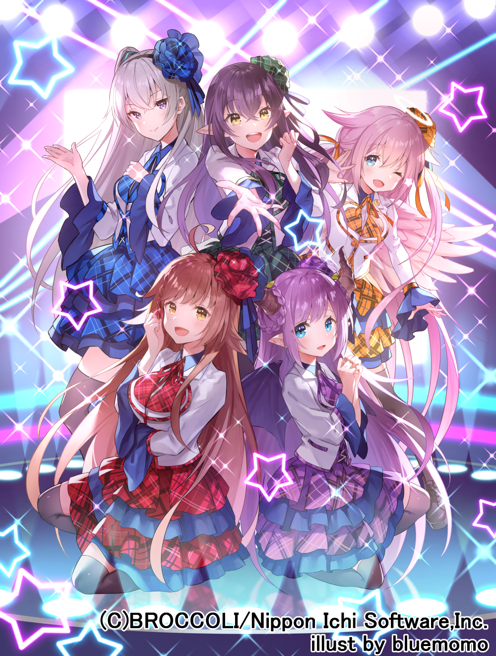 aoi momo, ugly (z/x), z/x, highres, official art, 5girls, ahoge, black thighhighs, blue eyes, braid, braided hair rings, brown horns, closed mouth, copyright notice, demon girl, demon horns, demon wings, dress, feathered wings, hair between eyes, hair ornament, hair ribbon, hair rings, halo, horns, idol clothes, long hair, marie (z/x), multiple girls, nu (z/x), one eye closed, open mouth, pecteilis, pointy ears, prism (z/x), purple eyes, ribbon, sparkle, stage, star (symbol), teeth, thighhighs, traditional halo, upper teeth only, wings, yellow eyes, yellow ribbon