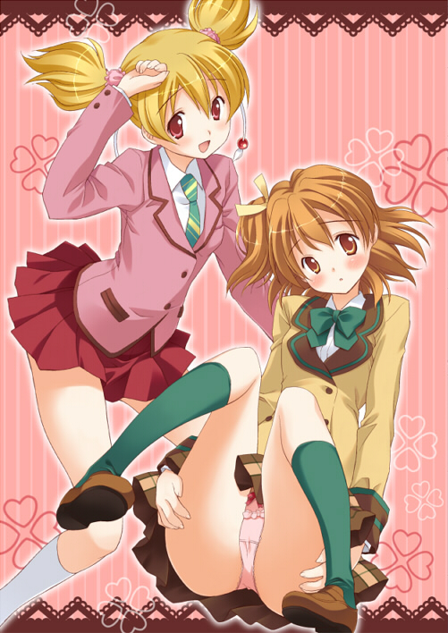 inase shin'ya, momozono love, yamabuki inori, fresh precure!, precure, bad id, bad pixiv id, 00s, 2girls, blazer, blonde hair, bow, bow panties, brown hair, jacket, multiple girls, panties, pink eyes, pink panties, pleated skirt, ponytail, school uniform, short hair, side ponytail, skirt, twintails, underwear, yellow eyes