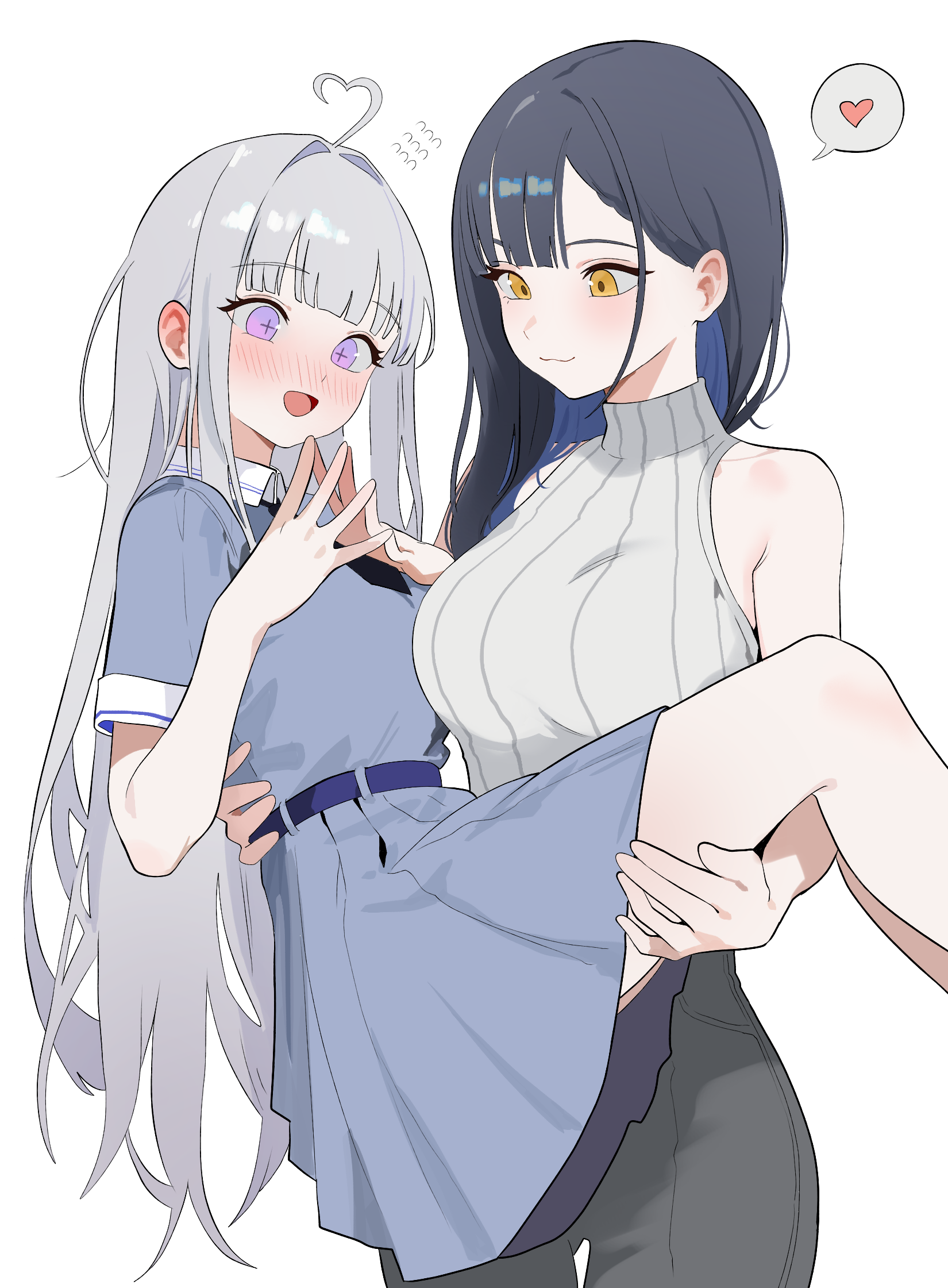 nbee ya, ayatsuno yuni, gangzi (vtuber), stellive, commentary request, highres, korean commentary, 2girls, :d, ahoge, bare arms, bare shoulders, belt, black hair, black necktie, black pants, blue belt, blue dress, blue hair, blush, carrying, closed mouth, collared dress, colored inner hair, cowboy shot, cross-shaped pupils, dress, feet out of frame, grey hair, grey sweater, heart, heart ahoge, long hair, long sidelocks, looking at another, multicolored hair, multiple girls, necktie, open mouth, pants, princess carry, purple eyes, short dress, short sleeves, sidelocks, sleeveless, sleeveless sweater, smile, speech bubble, standing, sweater, symbol-shaped pupils, thought bubble, two-tone hair, yellow eyes