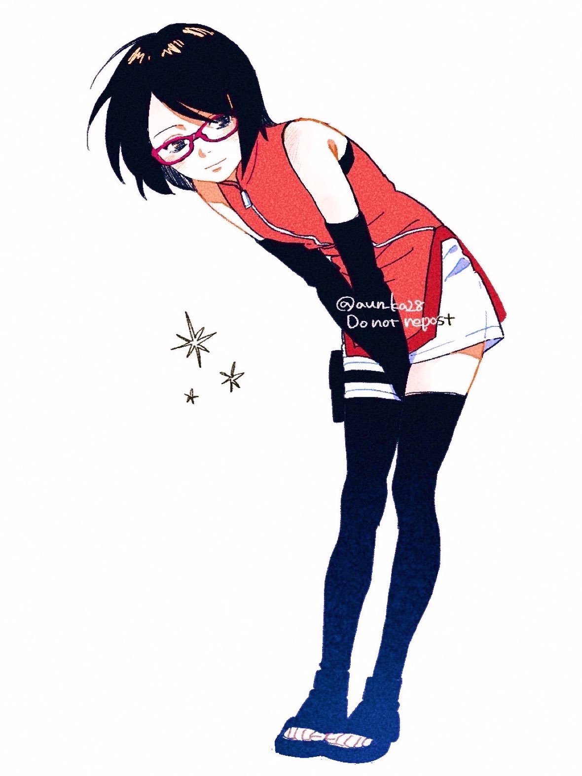 onka (aun ka28), uchiha sarada, boruto: naruto next generations, naruto (series), commentary request, highres, 1girl, alternate hair length, alternate hairstyle, bent over, between legs, black eyes, black hair, black thighhighs, detached sleeves, full body, glasses, hand between legs, medium hair, open-toe shoes, pouch, red-framed eyewear, short hair, short shorts, shorts, solo, thigh pouch, thighhighs, twitter username, watermark, white shorts