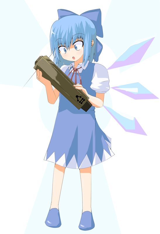 okumari, cirno, touhou, bad id, bad pixiv id, 1girl, arm cannon, blouse, blue eyes, blue hair, bow, dress, female focus, full body, hair between eyes, hair bow, matching hair/eyes, pinafore dress, shirt, sleeveless dress, solo, surprised, weapon, white background, white shirt, wings