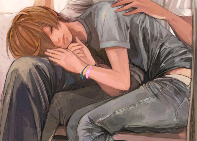 amber tobi, atori (artist), 1boy, 1girl, closed eyes, couple, denim, hetero, jeans, lap pillow, pants, red hair, shirt, short hair, sleeping, wristband