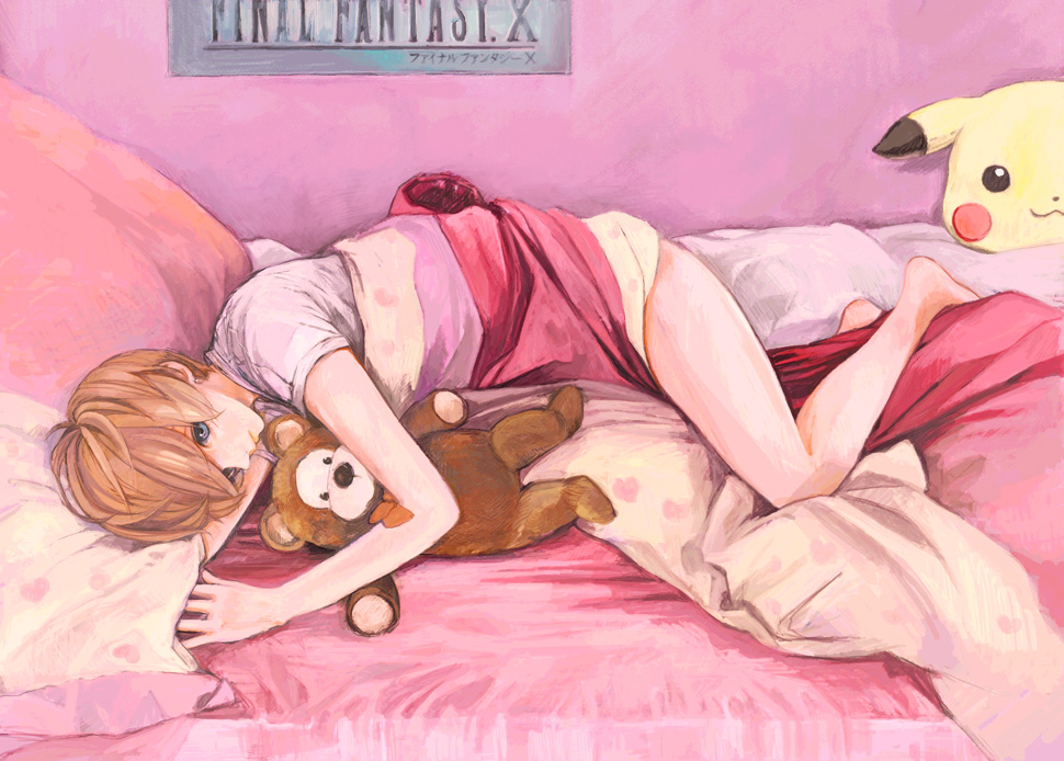 amber tobi, atori (artist), pikachu, final fantasy, final fantasy x, nintendo, pokemon, bad id, bad pixiv id, 00s, 1girl, barefoot, bed, blanket, blue eyes, cushion, female focus, gen 1 pokemon, lying, pokemon (creature), red hair, short hair, solo, stuffed animal, stuffed toy, teddy bear