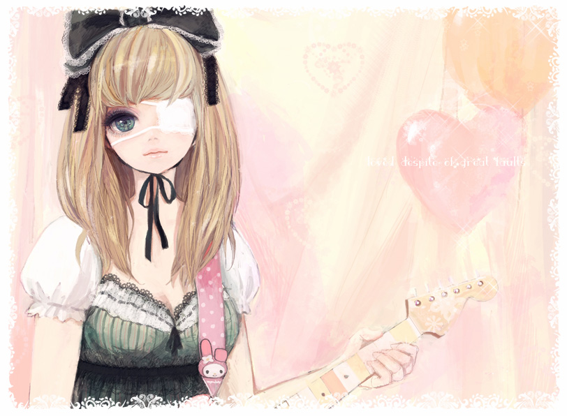 amber tobi, atori (artist), sanrio, 1girl, blonde hair, blue eyes, dress, eyepatch, female focus, guitar, hair ribbon, instrument, lolita fashion, long hair, ribbon, solo