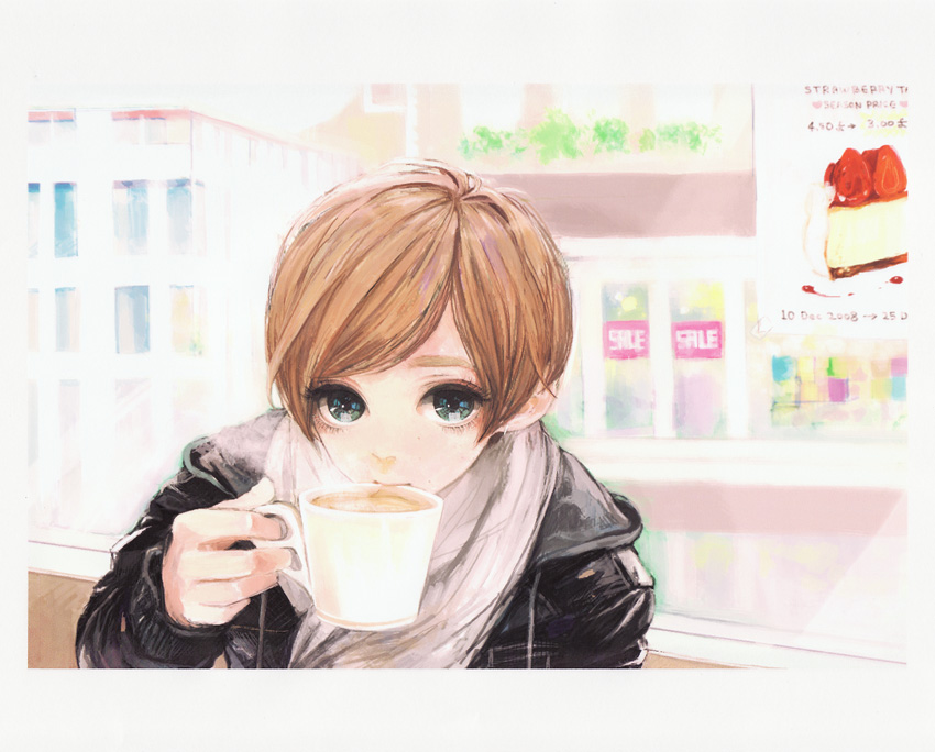 amber tobi, atori (artist), bad id, bad pixiv id, 1girl, blue eyes, brown hair, cafe, cake, coffee, cup, drinking, female focus, food, pastry, red hair, scarf, short hair, solo, staring