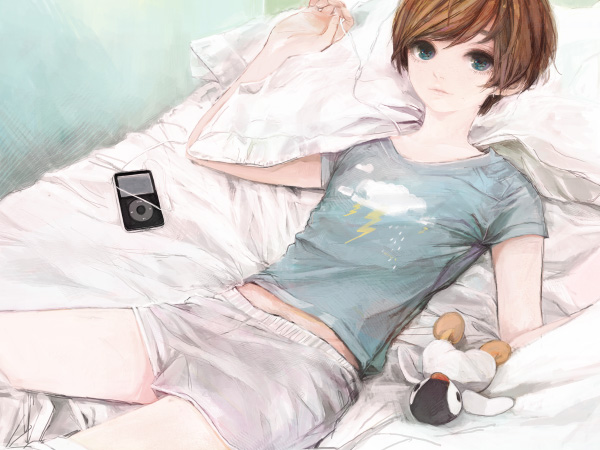amber tobi, atori (artist), bad id, bad pixiv id, 1girl, androgynous, bed, bird, blue eyes, brown hair, digital media player, female focus, ipod, looking at viewer, lying, on back, on bed, penguin, red hair, shirt, short hair, short shorts, short sleeves, shorts, solo, stuffed animal, stuffed toy, t-shirt