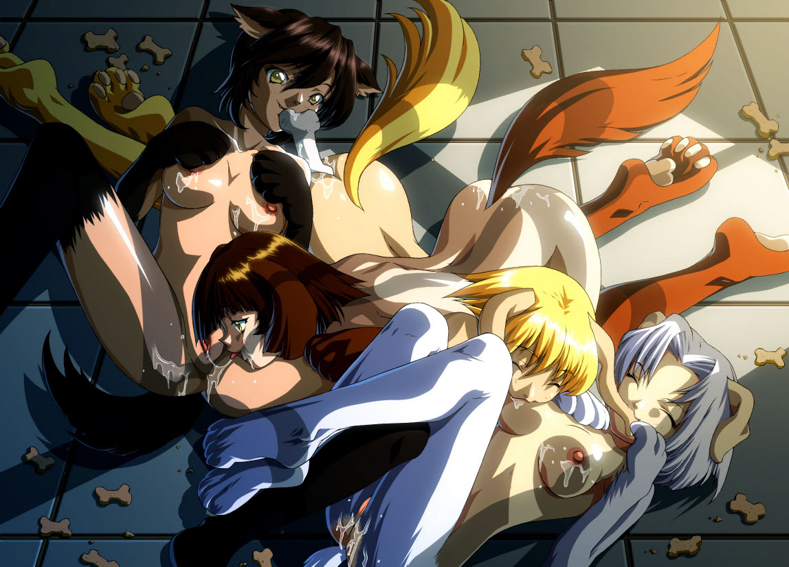 4girls, animal ears, bone, cum, floor, furry, group sex, happy sex, multiple girls, nude, yuri