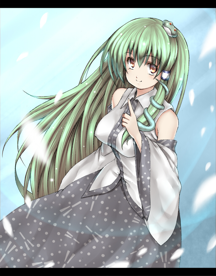 takemori shintarou, kochiya sanae, touhou, bad id, bad pixiv id, 1girl, breasts, detached sleeves, female focus, frog, green hair, hair ornament, letterboxed, long hair, snake, solo, yellow eyes