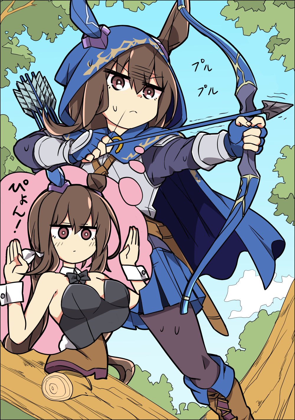 wahiko (black bastard), admire vega (umamusume), umamusume, commentary, highres, 1girl, animal ears, arrow (projectile), black pantyhose, blue gloves, blue shirt, blue skirt, boots, bow (weapon), brown boots, brown eyes, brown hair, closed mouth, day, ear covers, fingerless gloves, foot out of frame, frown, gloves, hair between eyes, holding, holding bow (weapon), holding weapon, horse ears, horse girl, horse tail, lace-up boots, long sleeves, outdoors, pantyhose, pleated skirt, quiver, shirt, short hair, single ear cover, skirt, solo, standing, tail, thinking, tree, v-shaped eyebrows, weapon