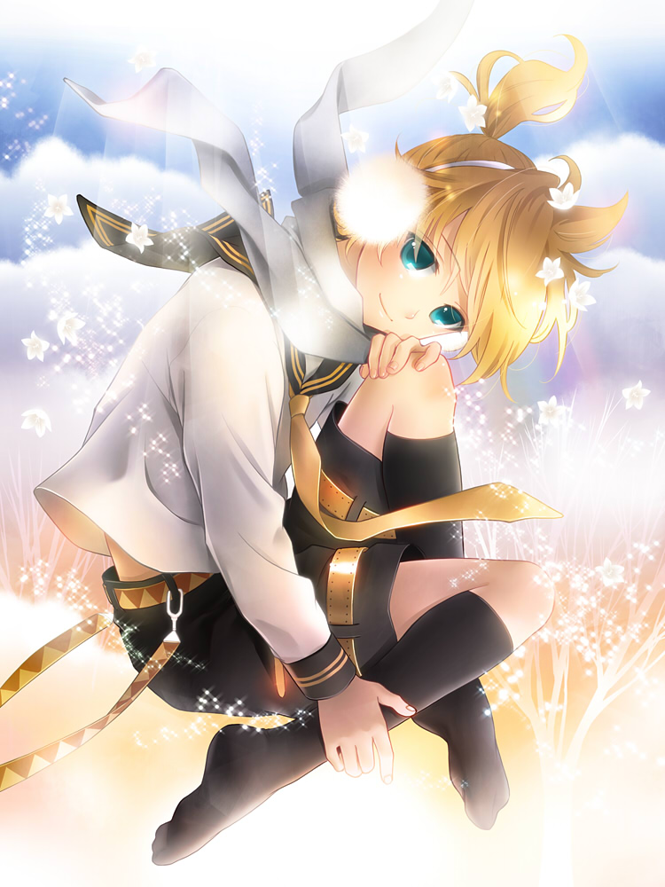 koyama kariko, kagamine len, vocaloid, 1boy, androgynous, aqua eyes, belt, blonde hair, blue eyes, earmuffs, feet, flower, kneehighs, male focus, necktie, scarf, school uniform, serafuku, shorts, socks, solo, winter, yellow necktie