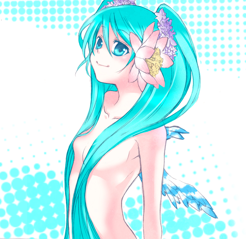 iron mask bear, ironmaskbear, hatsune miku, vocaloid, bad id, bad pixiv id, 1girl, aqua eyes, aqua hair, censored, convenient censoring, double exposure, female focus, flower, hair censor, hair over breasts, long hair, nude, smile, solo, twintails, wings