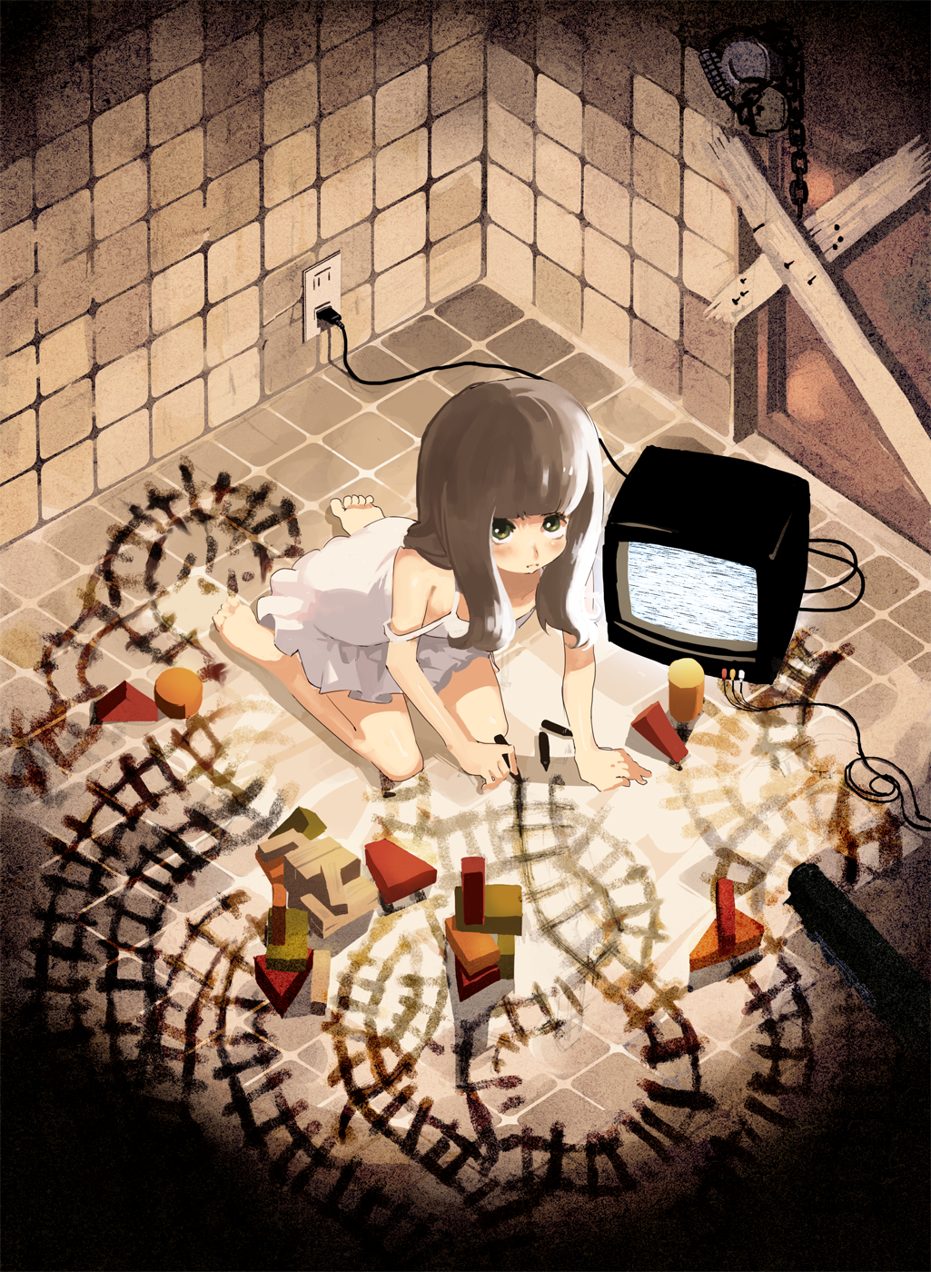 kacchuu, original, bad id, bad pixiv id, highres, 1girl, barefoot, child, crayon, female focus, green eyes, grey hair, kneeling, lingerie, nightgown, solo, static, television, underwear