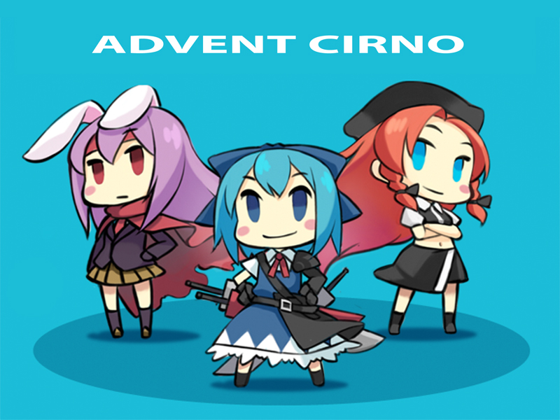 minoa (lastswallow), cirno, hong meiling, reisen udongein inaba, advent cirno, final fantasy, final fantasy vii, final fantasy vii: advent children, touhou, bad id, bad pixiv id, 3girls, advent reisen, animal ears, blue eyes, blue hair, braid, cape, chibi, hat, long hair, multiple girls, parody, purple hair, rabbit ears, red eyes, red hair, short hair, skirt, sword, twin braids, weapon