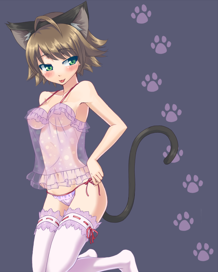 hakkaku shikimi, awakened miki, hoshii miki, idolmaster, idolmaster (classic), 00s, 1girl, :p, animal ears, blonde hair, breasts, camisole, cat ears, cat tail, fake animal ears, female focus, green eyes, hairband, lingerie, nightgown, panties, paw print, see-through clothes, short hair, side-tie panties, solo, tail, thighhighs, tongue, tongue out, underwear