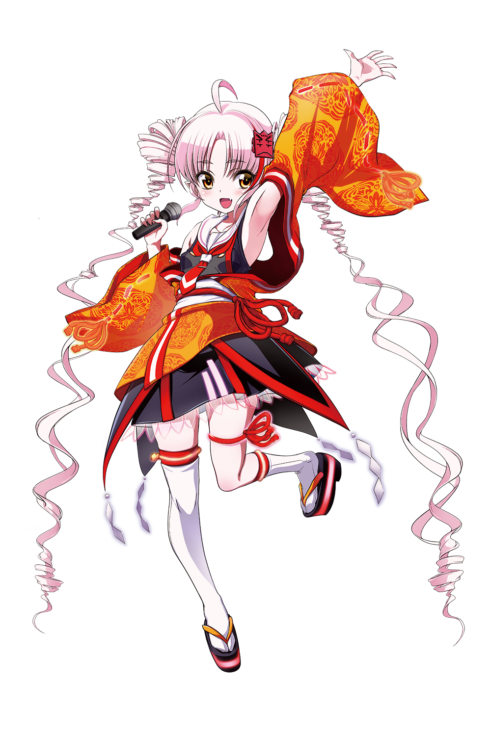 oohenri saki, tsuina-chan, onikko hunter tsuina-chan, synthesizer v, voiceroid, highres, official art, second-party source, 1girl, :d, ahoge, arm up, armpits, asymmetrical legwear, bare shoulders, black dress, buttons, double-breasted, dress, drill hair, fang, full body, hair ornament, holding, holding microphone, japanese clothes, kimono, long hair, microphone, multicolored hair, necktie, obi, obijime, off shoulder, open clothes, open kimono, open mouth, orange eyes, orange kimono, parted bangs, pink hair, pointy ears, print kimono, red necktie, red streaks, ribbon-trimmed sleeves, ribbon trim, sailor collar, sandals, sash, see-through dress layer, short kimono, short necktie, skin fang, sleeveless, sleeveless dress, smile, socks, solo, standing, standing on one leg, streaked hair, tabi, thigh strap, thighhighs, tie clip, transparent background, tsuina-chan (sv), twin drills, very long hair, white sailor collar, white sash, white socks, white thighhighs, wide sleeves, zouri