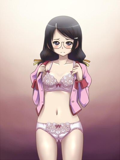 awa, hanekawa tsubasa, bakemonogatari, monogatari (series), nekomonogatari, 00s, 10s, 1girl, blush, bra, braid, female focus, lingerie, open clothes, open shirt, panties, shirt, solo, twin braids, underwear