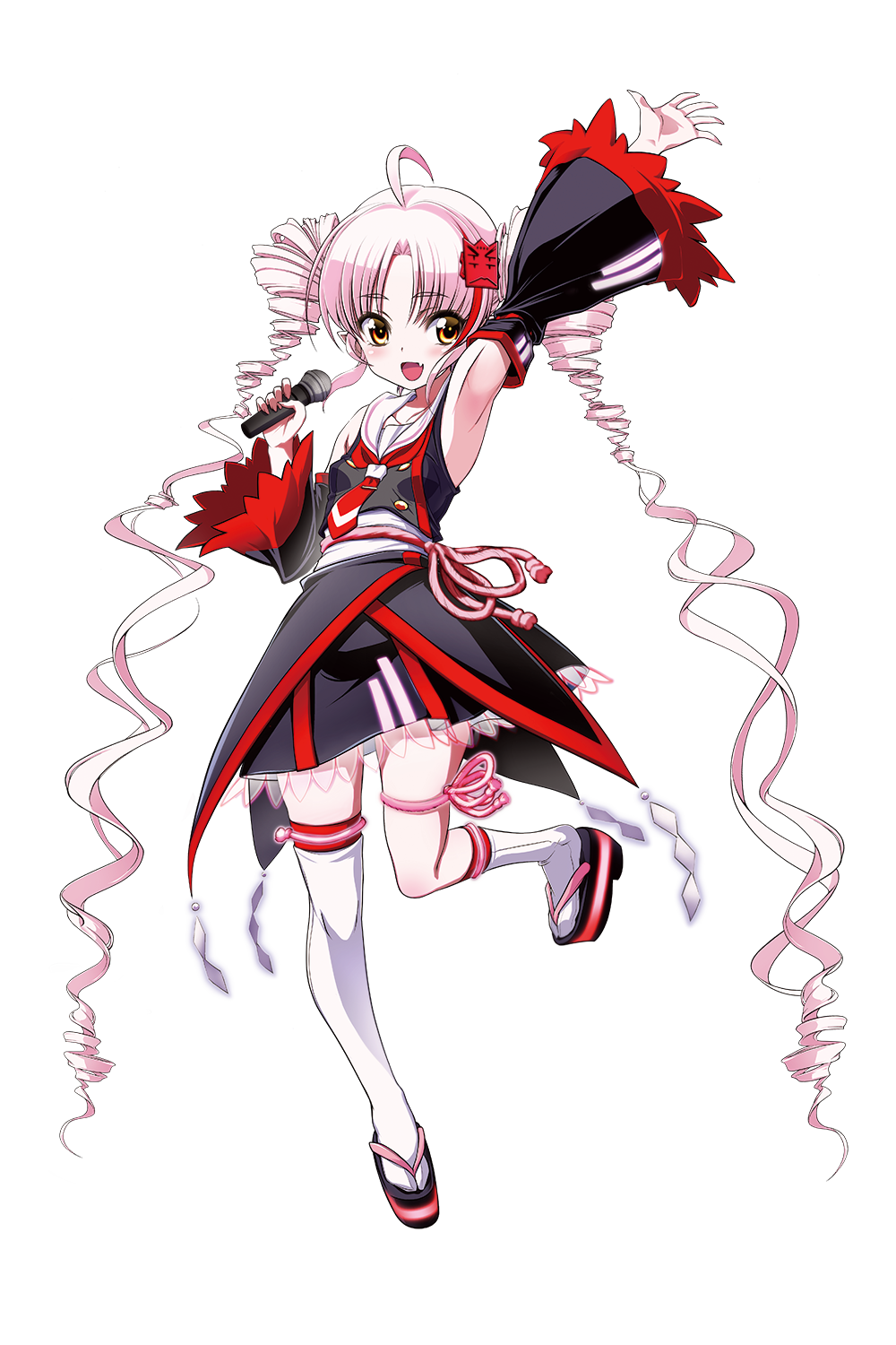 oohenri saki, tsuina-chan, onikko hunter tsuina-chan, synthesizer v, voiceroid, highres, official art, second-party source, 1girl, :d, ahoge, arm up, armpits, asymmetrical legwear, bare shoulders, black dress, black sleeves, buttons, detached sleeves, double-breasted, dress, drill hair, fang, full body, hair ornament, holding, holding microphone, long hair, microphone, multicolored hair, necktie, open mouth, orange eyes, parted bangs, pink hair, pointy ears, red necktie, red sleeves, red streaks, sailor collar, sandals, see-through dress layer, short necktie, skin fang, sleeveless, sleeveless dress, smile, socks, solo, standing, standing on one leg, streaked hair, tabi, thigh strap, thighhighs, tie clip, transparent background, tsuina-chan (sv), twin drills, two-tone sleeves, very long hair, white sailor collar, white socks, white thighhighs, zouri