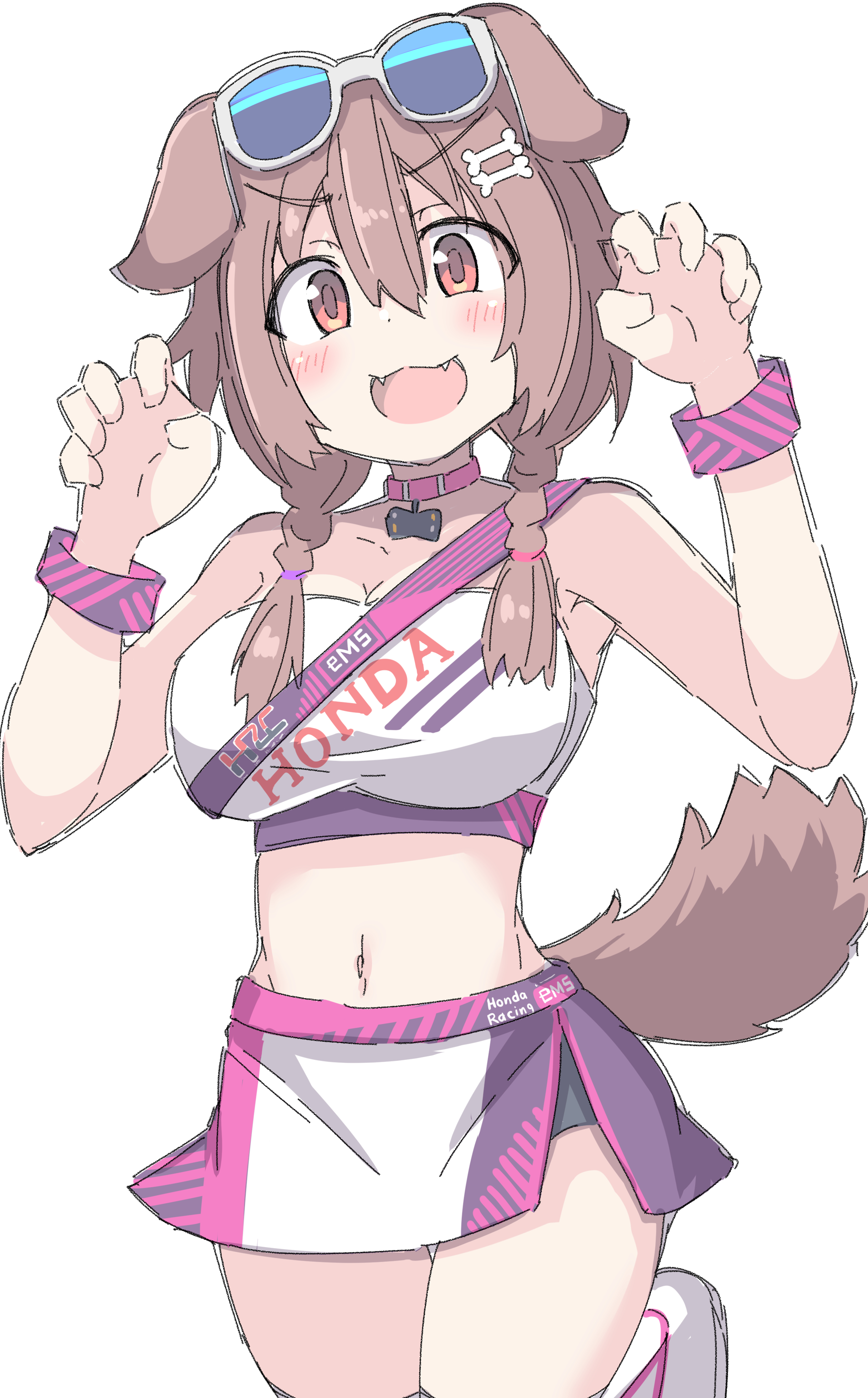 umberblack, inugami korone, hololive, absurdres, commentary, highres, 1girl, animal ears, bone hair ornament, braid, breasts, brown hair, cartoon bone, claw pose, cleavage, dog ears, dog girl, dog tail, fangs, hair ornament, looking at viewer, medium breasts, navel, open mouth, skirt, solo, sunglasses, tail, twin braids, white background
