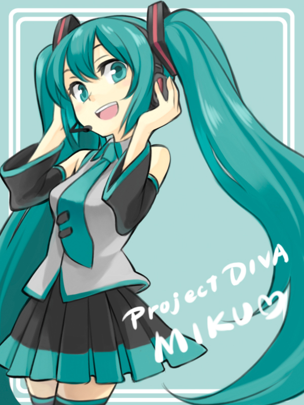 minoa (lastswallow), hatsune miku, vocaloid, bad id, bad pixiv id, 1girl, aqua eyes, aqua hair, detached sleeves, female focus, headphones, long hair, necktie, pleated skirt, skirt, solo, thighhighs, twintails