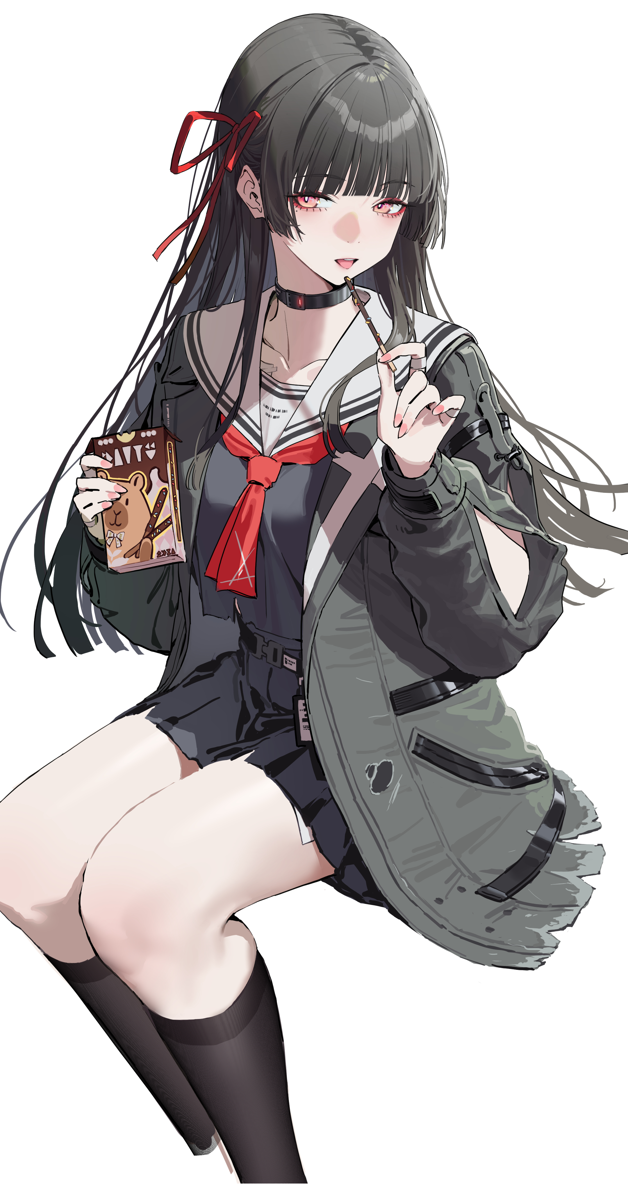 arjent, chisa (wuthering waves), wuthering waves, absurdres, commentary request, highres, 1girl, arm cutout, black choker, black hair, black jacket, black serafuku, black shirt, black skirt, black socks, box, breasts, choker, clothing cutout, collarbone, feet out of frame, food, hair ribbon, holding, holding box, holding food, holding pocky, invisible chair, jacket, long hair, long sleeves, medium breasts, mole, mole under eye, necktie, open mouth, pocky, red eyes, red necktie, red ribbon, ribbon, sailor collar, school uniform, serafuku, shirt, simple background, sitting, skirt, socks, solo, thighs, white background, white sailor collar