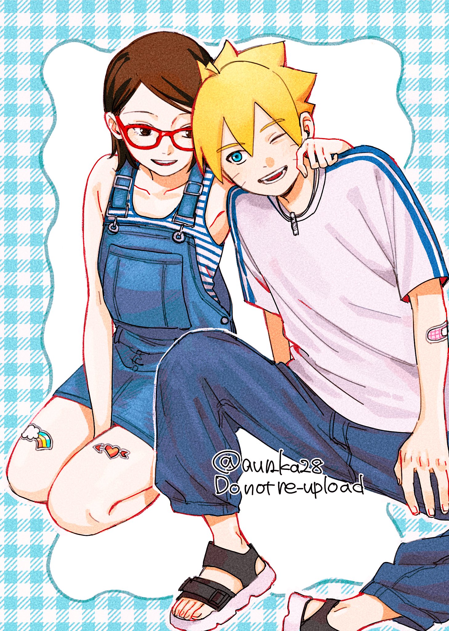 onka (aun ka28), uchiha sarada, uzumaki boruto, boruto: naruto next generations, naruto (series), commentary request, highres, 1boy, 1girl, arm around shoulder, bandaid, bandaid on arm, black eyes, black hair, blonde hair, blue dress, blue eyes, blue pants, denim dress, dress, facial mark, glasses, jewelry, necklace, one eye closed, pants, red-framed eyewear, sandals, seiza, shirt, short dress, short hair, sitting, sticker, sticker on leg, striped tank top, t-shirt, tank top, twitter username, whisker markings