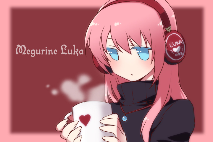 manle, megurine luka, vocaloid, bad id, bad pixiv id, blue eyes, blush, cup, headphones, heart, jewelry, long hair, mug, necklace, pink hair, solo, turtleneck