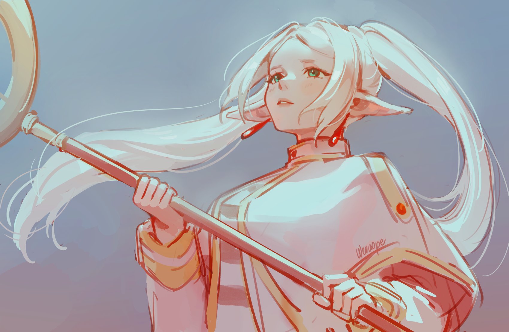 wernope, sousou no frieren, highres, artist name, breasts, capelet, earrings, elf, gold trim, green eyes, grey background, holding, holding staff, jacket, jewelry, long hair, medium breasts, meme, parted bangs, parted lips, pointy ears, shirt, sidelocks, staff, striped clothes, striped shirt, twintails, upper body, upward angle frieren drawing (meme), white capelet, white jacket