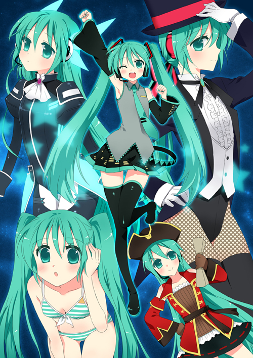 manle, hatsune miku, hatsune miku (magician), hatsune miku (plug-in), project diva, project diva (series), vocaloid, bad id, bad pixiv id, 1girl, aqua eyes, aqua hair, bikini, blush, detached sleeves, fishnet pantyhose, fishnets, gloves, headphones, long hair, magician, necktie, pantyhose, pirate, skirt, swimsuit, thighhighs, twintails, very long hair, white gloves