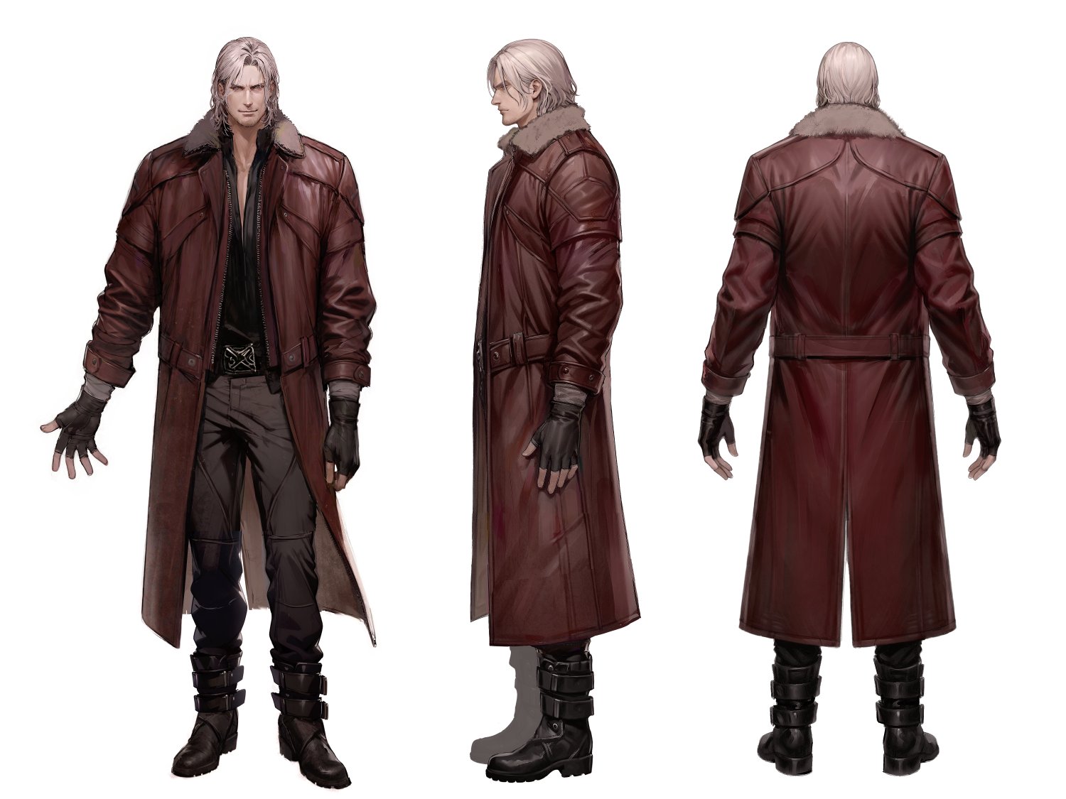 t4gamo, dante (devil may cry), devil may cry (series), 1boy, black shirt, blue eyes, boots, closed mouth, coat, facial hair, full body, jacket, looking at viewer, male focus, multiple views, open clothes, open coat, open jacket, parted hair, pocket, red coat, red jacket, reference sheet, shirt, simple background, standing, turnaround, unzipped, white background, white hair, zipper