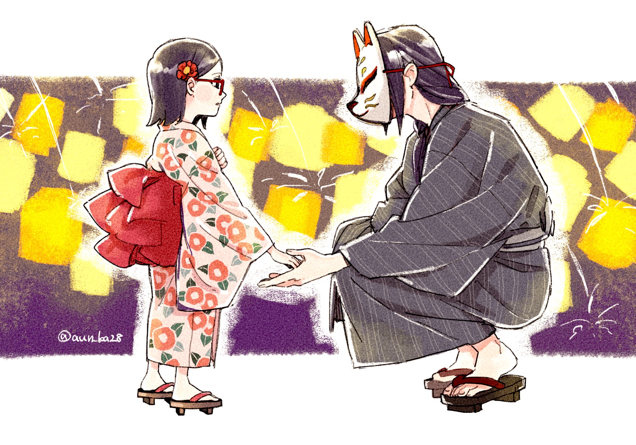 onka (aun ka28), uchiha itachi, uchiha sarada, boruto: naruto next generations, naruto (series), highres, 1boy, 1girl, alternate universe, black eyes, black hair, black kimono, flower, fox mask, geta, glasses, hair flower, hair ornament, hand grab, japanese clothes, kimono, mask, medium hair, sandals, squatting, twitter username, uncle and niece, wide sleeves