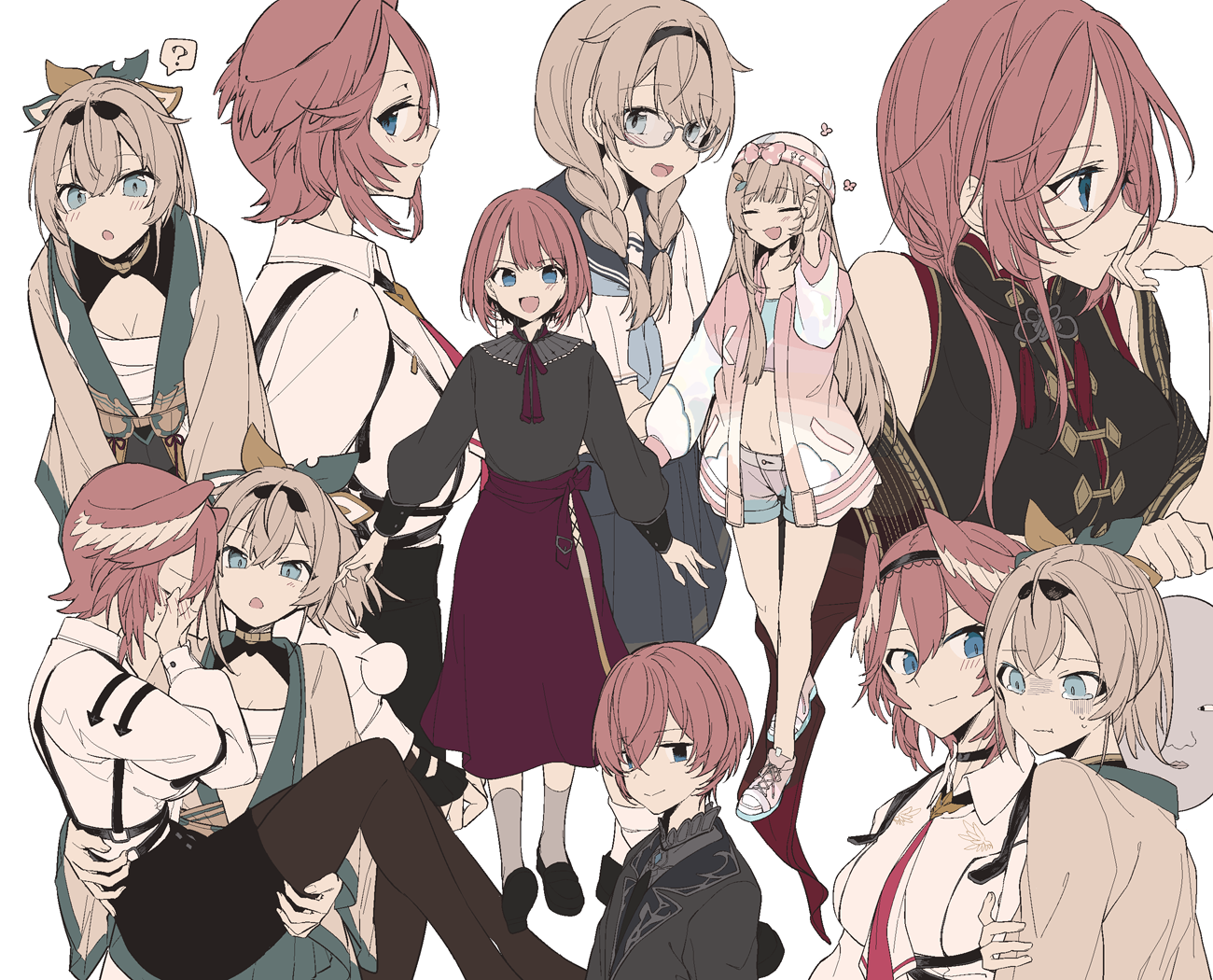 safai, kazama iroha, kazama iroha (1st costume), kazama iroha (school uniform), kazama iroha (street), takane lui, takane lui (1st costume), takane lui (british gothic), takane lui (casual), takane lui (china dress), hololive, commentary request, 2girls, :o, ?, adjusting hair, bespectacled, black dress, black pantyhose, black sailor collar, black shirt, black shoes, black skirt, blonde hair, blue eyes, blue neckerchief, bow, bowtie, braid, breasts, carrying, chest sarashi, chinese clothes, cleavage, closed eyes, collared shirt, covering face, dress, full body, glasses, green skirt, hand on another's back, haori, hat, head wings, heart, holding another's arm, jacket, japanese clothes, leaning forward, letterman jacket, long hair, long skirt, long sleeves, looking at another, looking at viewer, looking to the side, medium breasts, multiple girls, multiple views, neckerchief, necktie, official alternate hair length, official alternate hairstyle, pantyhose, pencil skirt, pink hair, pink hat, pink jacket, princess carry, red bow, red bowtie, red necktie, red skirt, sailor collar, sarashi, shirt, shoes, short hair, shorts, simple background, skirt, sleeveless, sleeveless dress, small breasts, smile, sneakers, spoken question mark, twin braids, upper body, virtual youtuber, white background, white jacket, white shirt, white shoes, wings, yellow haori, yuri