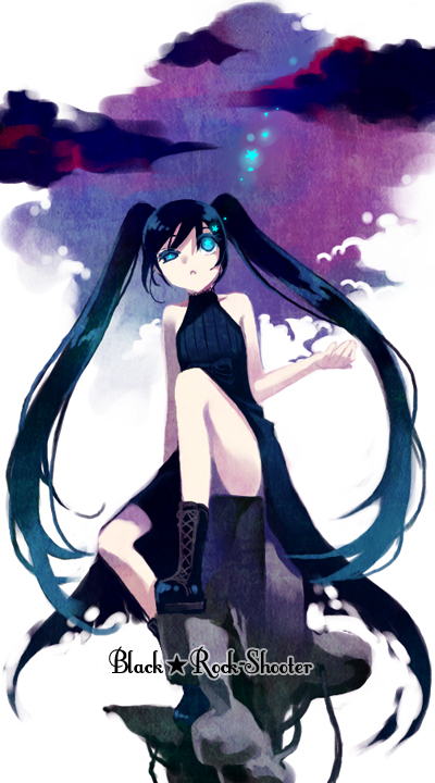 manle, black rock shooter (character), black rock shooter, bad id, bad pixiv id, 10s, black hair, blue eyes, boots, cloud, long hair, solo, twintails
