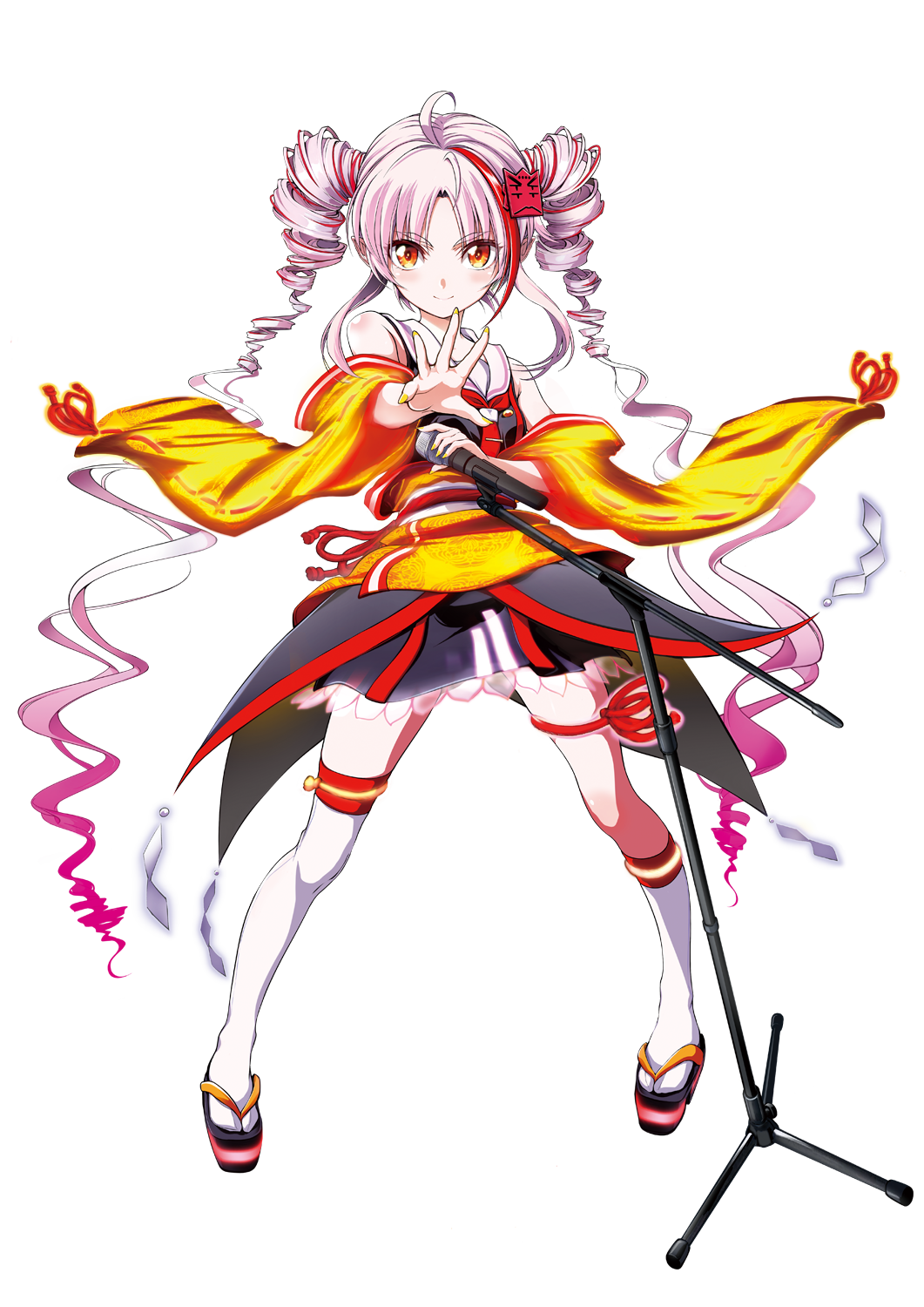 oohenri saki, tsuina-chan, onikko hunter tsuina-chan, synthesizer v, voiceroid, highres, official art, second-party source, 1girl, ahoge, asymmetrical legwear, bare shoulders, black dress, buttons, closed mouth, dress, drill hair, floating clothes, full body, gradient hair, hair ornament, holding, holding microphone stand, japanese clothes, kimono, long hair, microphone stand, multicolored hair, nail polish, necktie, obi, obijime, off shoulder, open clothes, open kimono, orange eyes, orange kimono, outstretched hand, parted bangs, pink hair, pointy ears, print kimono, red necktie, red streaks, ribbon-trimmed sleeves, ribbon trim, sailor collar, sandals, sash, see-through dress layer, short kimono, short necktie, sleeveless, sleeveless dress, smile, socks, solo, standing, streaked hair, tabi, thigh strap, thighhighs, tie clip, transparent background, tsuina-chan (sv), twin drills, very long hair, white sailor collar, white sash, white socks, white thighhighs, wide sleeves, yellow nails, zouri