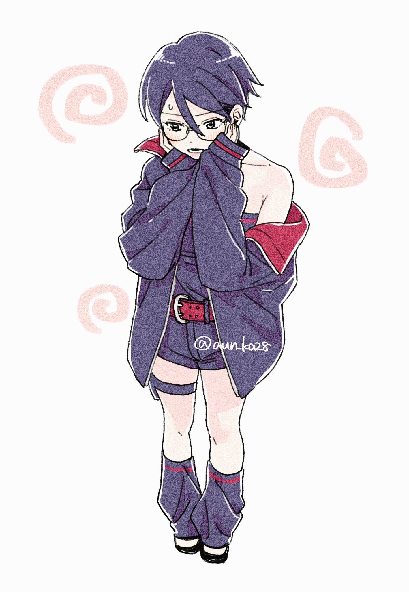 onka (aun ka28), uchiha sarada, boruto: two blue vortex, naruto (series), commentary request, highres, 1girl, bare shoulders, belt, black eyes, black hair, black jacket, black shoes, black shorts, black socks, black tube top, from above, full body, glasses, hands on own cheeks, hands on own face, jacket, off shoulder, open mouth, pouch, red belt, shoes, short hair, short shorts, shorts, socks, solo, strapless, sweatdrop, thigh pouch, tube top, twitter username