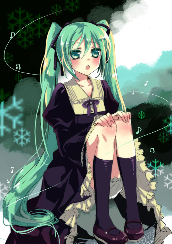 manle, hatsune miku, vocaloid, hands on legs, bad id, bad pixiv id, blush, dress, green eyes, green hair, leg hold, long hair, mary janes, ribbon, shoes, sitting, solo, twintails, very long hair
