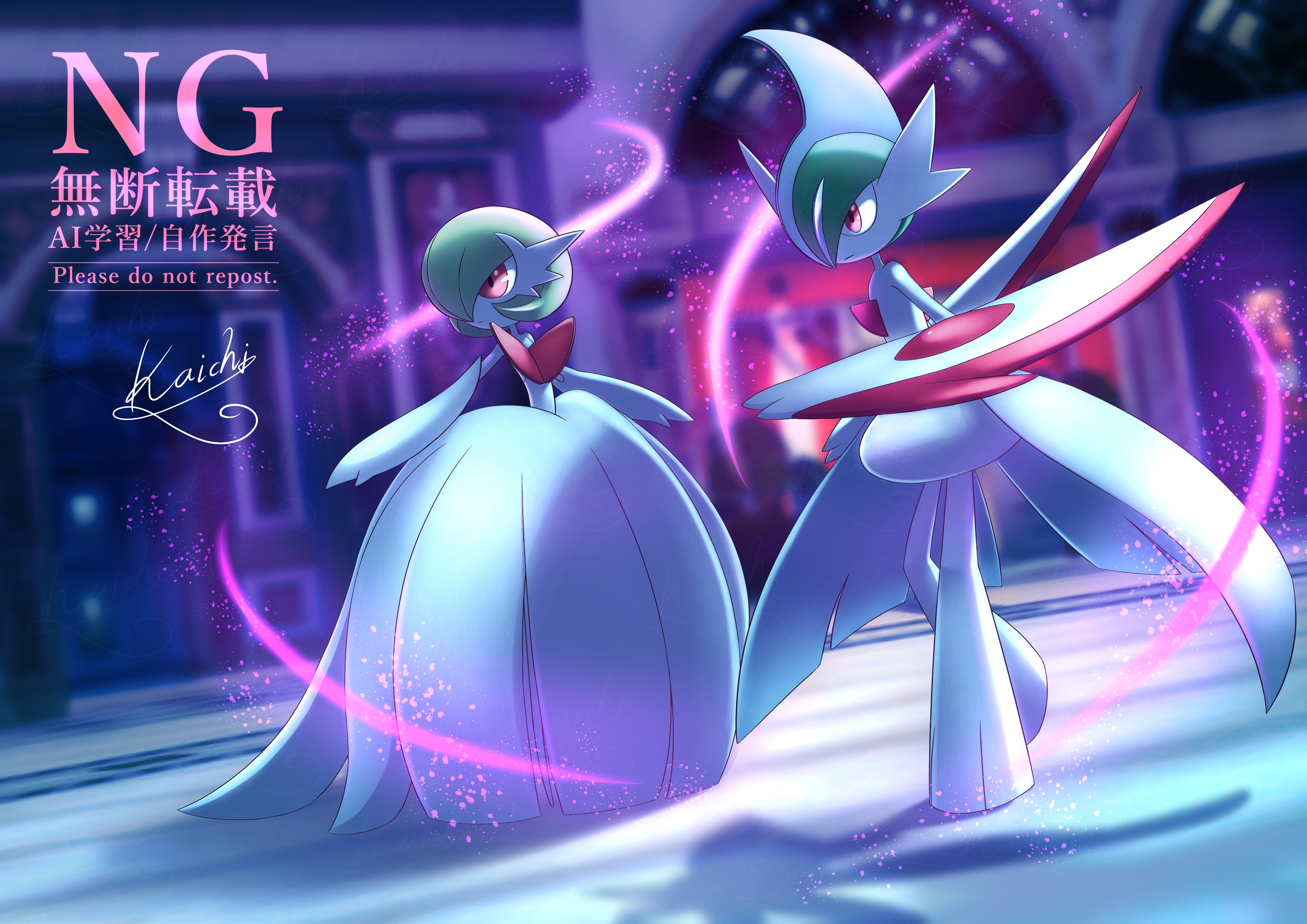 kaichi (tomiyu25), gallade, gardevoir, mega gallade, mega gardevoir, nintendo, pokemon, pokemon legends: z-a, absurdres, highres, arm blade, bob cut, colored skin, dress, elbow gloves, gen 3 pokemon, gen 4 pokemon, gloves, green hair, hair over one eye, mega pokemon, pink eyes, pokemon (creature), signature, watermark, weapon, white dress, white gloves, white skin
