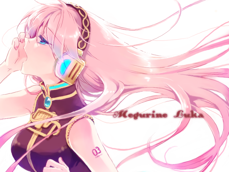 manle, megurine luka, vocaloid, bad id, bad pixiv id, 1girl, blue eyes, breasts, detached sleeves, eyelashes, female focus, from side, half-closed eyes, hand on headphones, headphones, long hair, music, nail polish, open mouth, pink hair, profile, simple background, singing, solo, white background