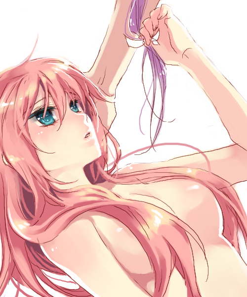 manle, kamui gakupo, megurine luka, vocaloid, bad id, bad pixiv id, 1girl, aqua eyes, breasts, censored, convenient censoring, hair censor, hair over breasts, long hair, nude, oekaki, pink hair, purple hair, solo focus