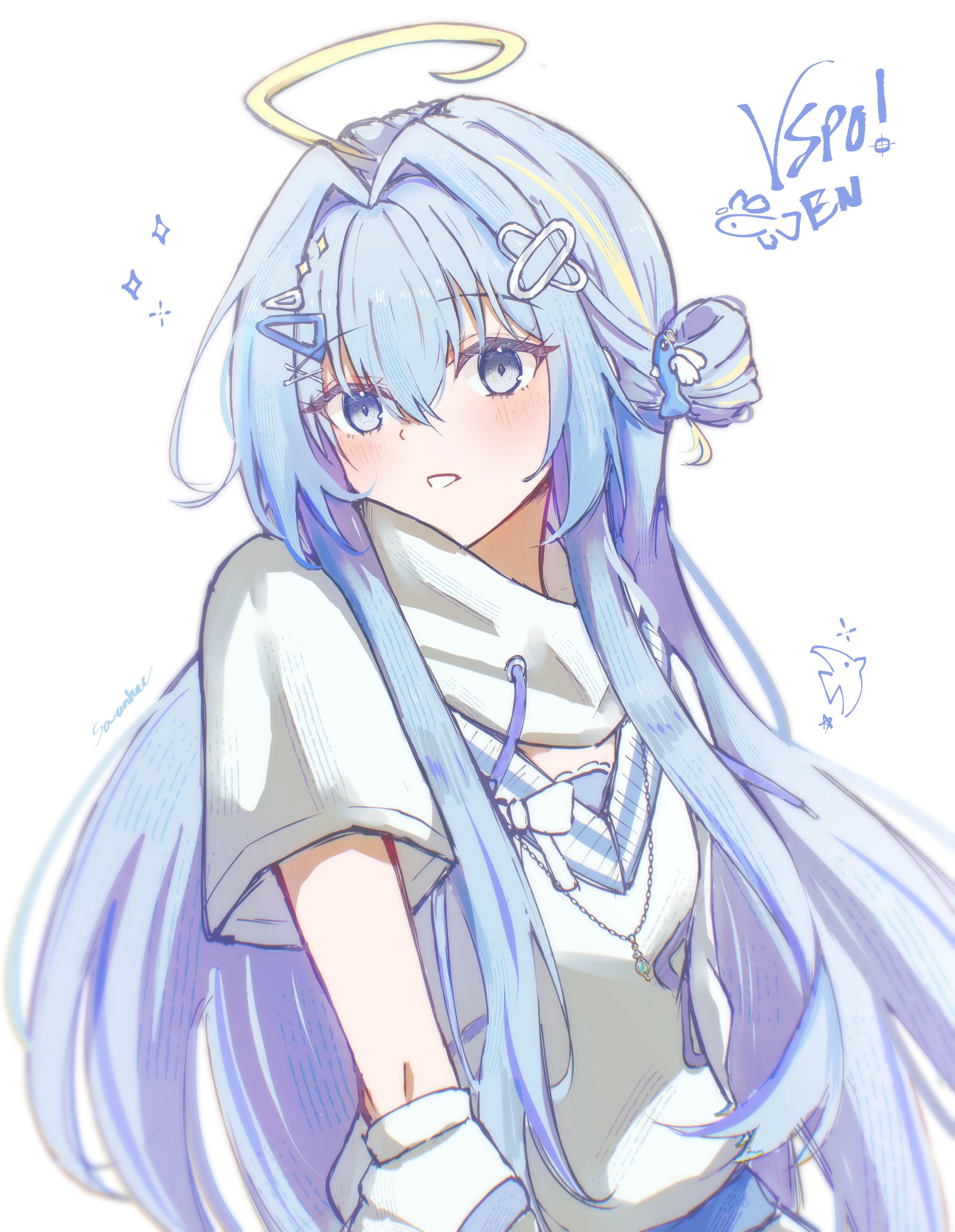 sowon (sowonhae), vspo!, vspo! en, absurdres, commentary, highres, 1girl, ahoge, blonde hair, blonde streaks, blue hair, eris suzukami, fish hair ornament, grey eyes, hair between eyes, hair ornament, hairclip, light blush, long sidelocks, looking at viewer, multicolored hair, neck warmer, parted lips, short sleeves, sidelocks, simple background, solo, sweater, two-tone hair, upper body, white background, white sweater