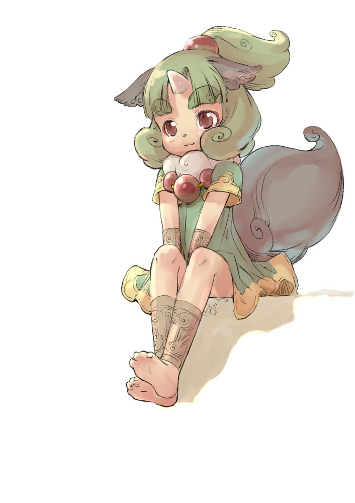 branch (blackrabbits), ikoma, original, bad id, bad pixiv id, 1girl, :3, animal ears, barefoot, bracelet, child, feet, female focus, green hair, horns, jewelry, ponytail, red eyes, sitting, solo, tail