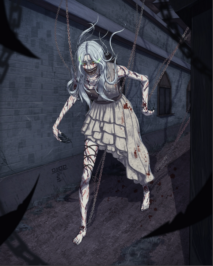 vampire: the masquerade – bloodlines, world of darkness, 1girl, alley, bare legs, barefoot, blood, bloody tears, breasts, chain, chain leash, chained, character profile, clawed hands, cuts, dark ages vampire, exposed teeth, eye contact, fantasy, fingernails, full body, glasgow smile, horror (theme), injury, leash, long fingernails, long hair, looking at another, medieval, medium breasts, night, no cheeks, oyoo 13, pale skin, red eyes, sharp teeth, sneaking, solo focus, stone wall, tabletop rpg, teeth, vampire, walking, white hair