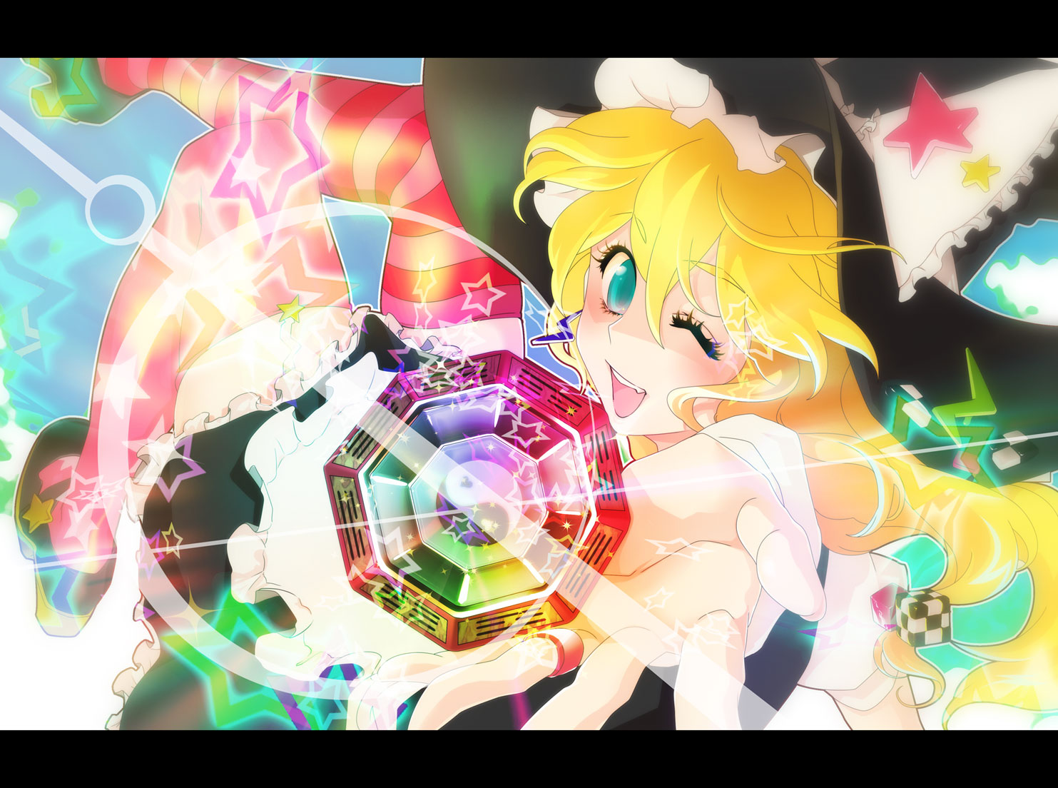 yumiya, kirisame marisa, touhou, 1girl, blonde hair, blue eyes, female focus, hat, letterboxed, mary janes, mini-hakkero, one eye closed, shoes, short hair, solo, striped clothes, striped thighhighs, thighhighs, wink, witch, witch hat, zettai ryouiki