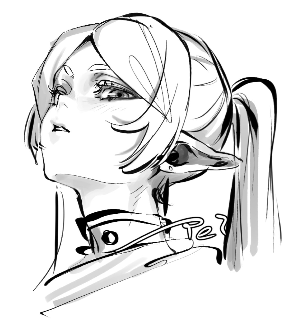 frieren, sousou no frieren, highres, 1girl, earrings, elf, greyscale, head tilt, jewelry, light blush, looking at viewer, meme, monochrome, parted bangs, parted lips, pointy ears, sidelocks, sketch, solo, tei( te i 328), twintails, upper body, upward angle frieren drawing (meme), white background