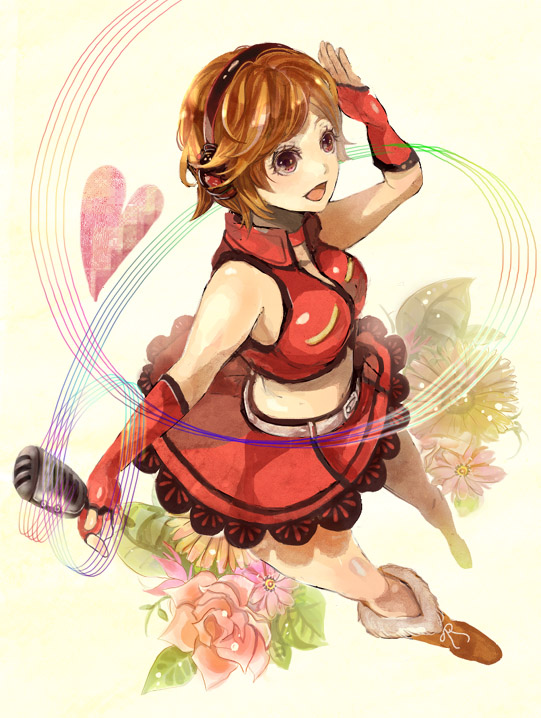 sakuragi kei, meiko (vocaloid), sakine meiko, vocaloid, 1girl, belt, boots, breasts, brown eyes, brown hair, female focus, fingerless gloves, full body, gloves, headphones, heart, microphone, midriff, navel, one eye closed, short hair, skirt, smile, solo, vintage microphone, wink