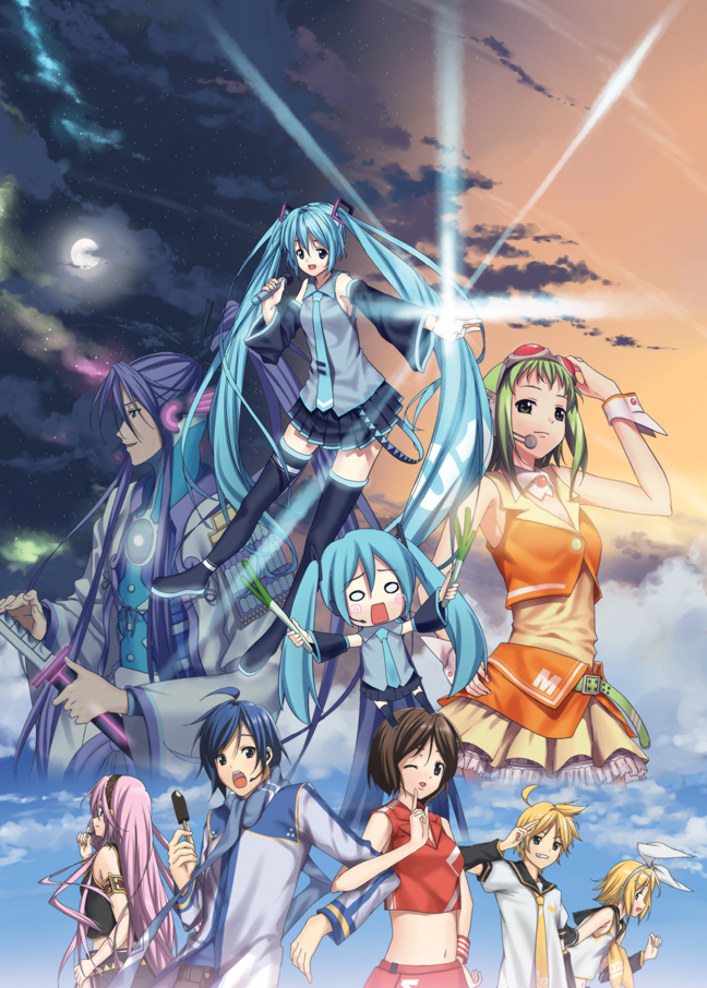 nagareboshi, gumi, hachune miku, hatsune miku, kagamine len, kagamine rin, kaito (vocaloid), kamui gakupo, megurine luka, meiko (vocaloid), vocaloid, 3boys, 6+girls, aqua eyes, aqua hair, blonde hair, blue eyes, blue hair, blue scarf, brown eyes, brown hair, cloud, detached sleeves, everyone, family, green hair, hair ornament, hair ribbon, hairclip, happy, headphones, headset, long hair, midriff, multiple boys, multiple girls, navel, necktie, pink hair, ribbon, scarf, short hair, shorts, siblings, skirt, sky, smile, spring onion, thighhighs, twins, twintails, very long hair, wing collar, wrist cuffs, zettai ryouiki