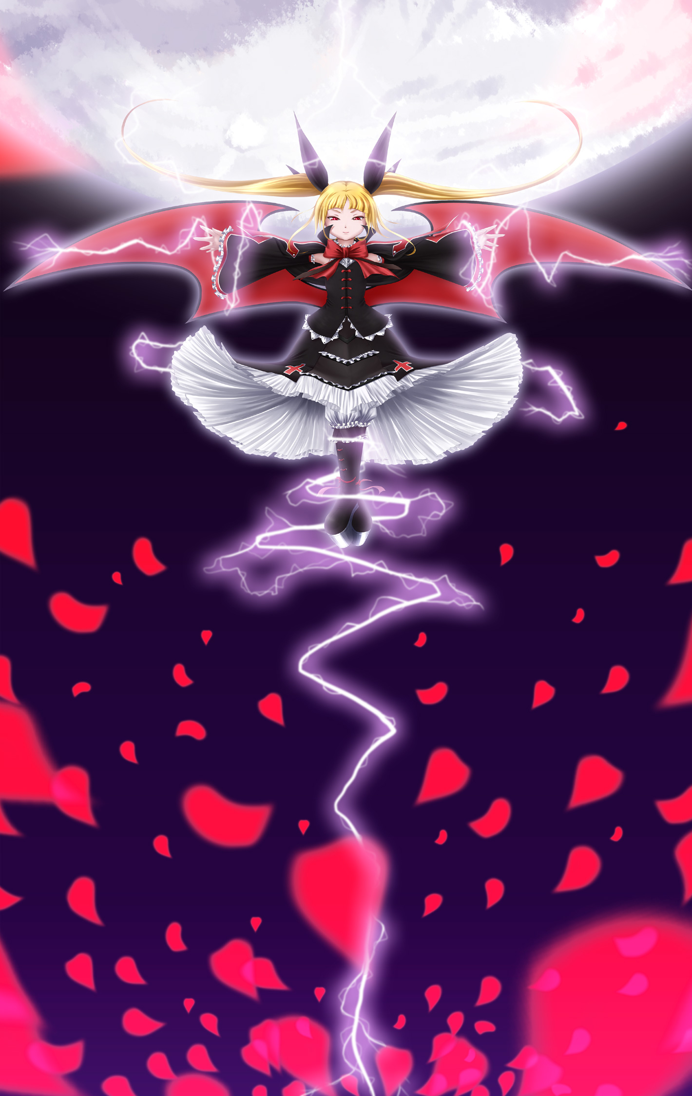 ayamika, gajumaru (ayamika), rachel alucard, arc system works, blazblue, highres, 1girl, blonde hair, dress, female focus, frills, gothic lolita, hair ribbon, lightning, lolita fashion, long hair, moon, petals, platform shoes, red eyes, ribbon, rose petals, shoes, solo, thighhighs, twintails, vampire, wings