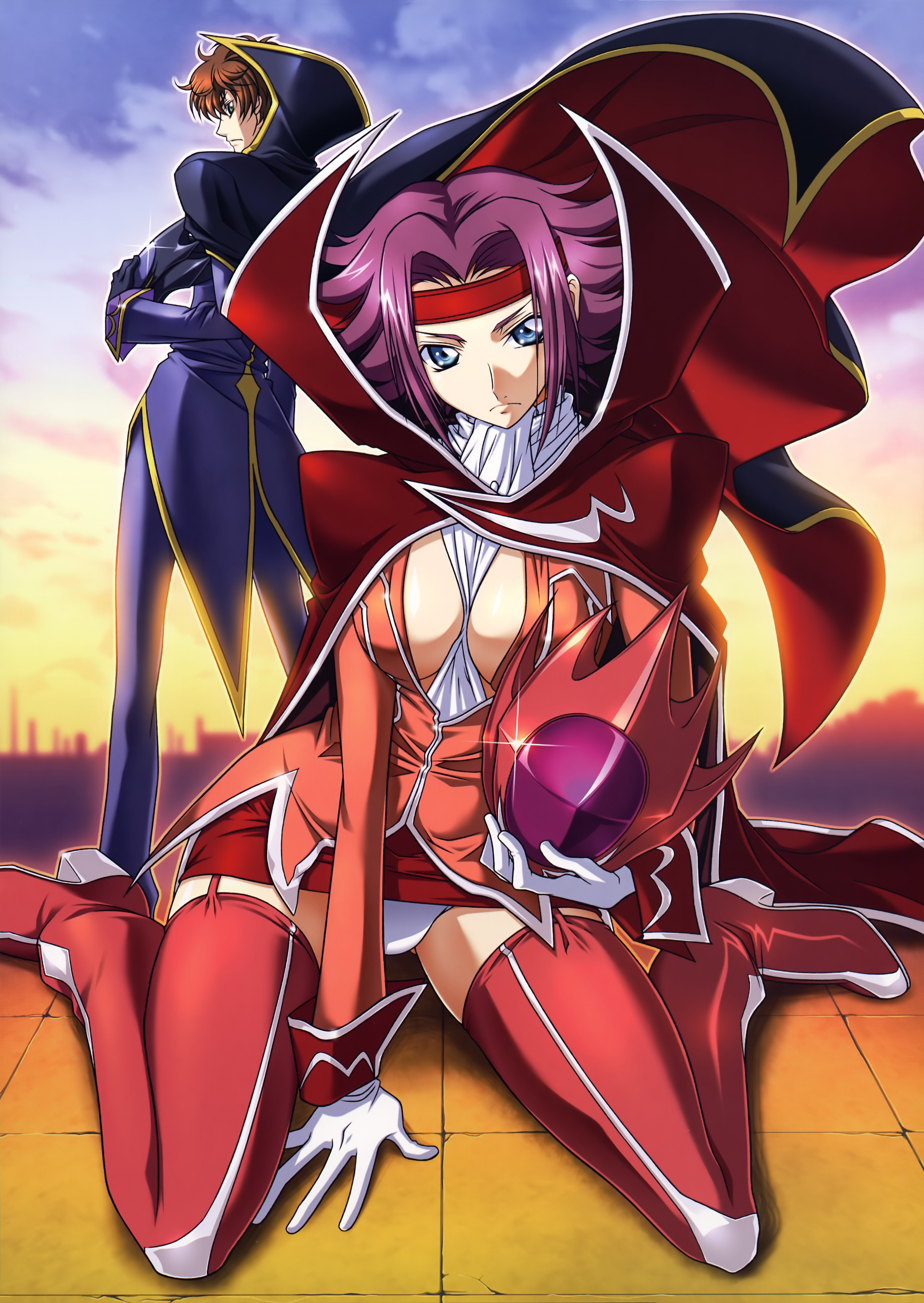 yokota mamoru, kouzuki kallen, kururugi suzaku, zero (code geass), code geass, absurdres, highres, 00s, 1boy, 1girl, between breasts, blue eyes, boots, breasts, brown hair, cape, cleavage, gloves, high heels, kneeling, large breasts, mask, miniskirt, no bra, open clothes, open shirt, panties, pantyshot, purple hair, red thighhighs, scarf, shirt, shoes, short hair, skirt, spiked hair, sunset, thigh boots, thighhighs, underwear, white panties